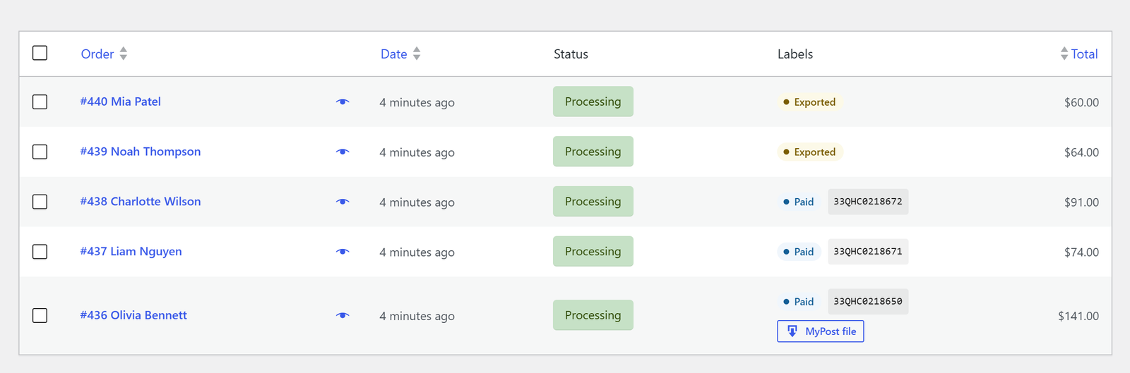 The WooCommerce Orders list with a Labels column showing Exported and Paid shipments and their tracking numbers